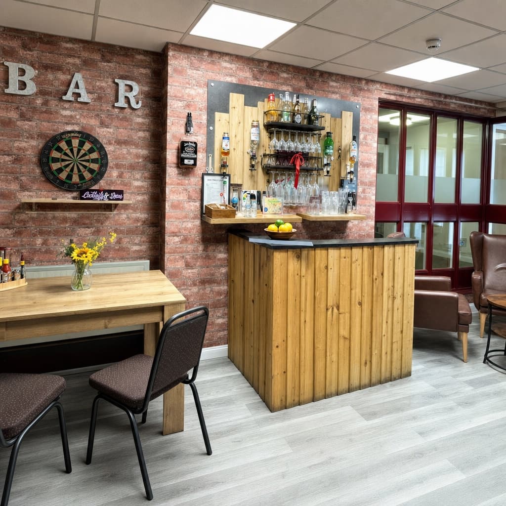 The in-house bar, with a dartboard, exposed brick and sunflowers on the table.