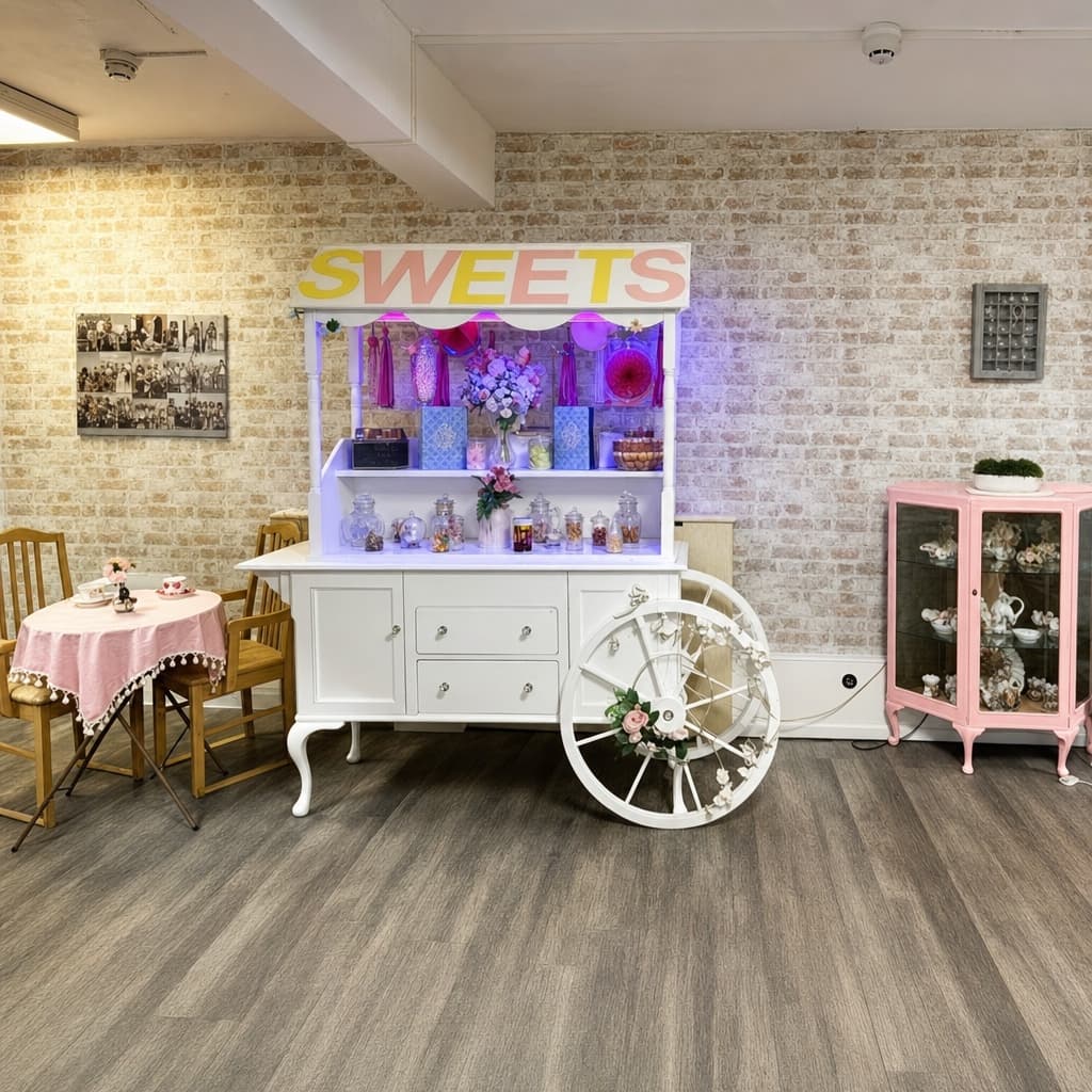 The vintage sweets cart in the tea room at Plas Newydd Residential Home